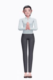 a cartoon woman in a white shirt and black pants is standing with her hands folded .