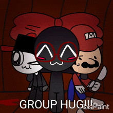 a group of cartoon characters are standing next to each other with the words group hug written below them