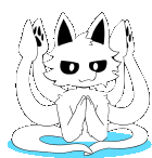 a white cat with black ears and paws is sitting in a lotus position with its paws folded .