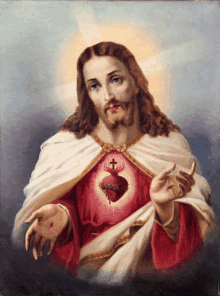 a painting of jesus with a red heart and a cross on his chest