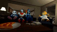 a group of cartoon characters sitting on a couch with a slice of pizza on the table