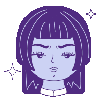 a cartoon drawing of a woman with purple hair making a funny face