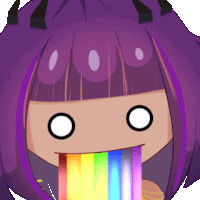 a cartoon of a girl with purple hair and horns with a rainbow in her mouth