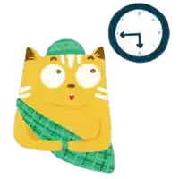 a cartoon cat wearing a green hat and a green scarf is standing next to a clock