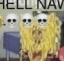 a group of spongebob squarepants sitting next to each other with skulls on them .