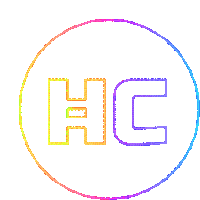 a rainbow colored hc logo in a circle on a white background