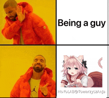 a man in a red jacket is next to a picture of a cat girl with the words being a guy above it