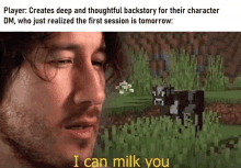 a man is standing in front of a cow in a field in a minecraft video game .