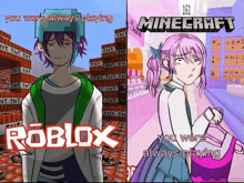 a poster for roblox and minecraft shows a girl with pink hair