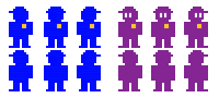 a blue and a purple pixel art of a man