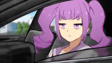 a girl with purple hair and pigtails is sitting in a car