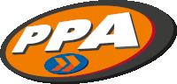 an orange and black logo for ppa with an arrow pointing to the right