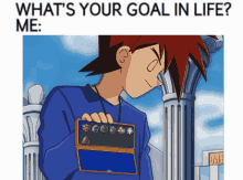 a cartoon of a boy holding a device with the caption " what 's your goal in life "