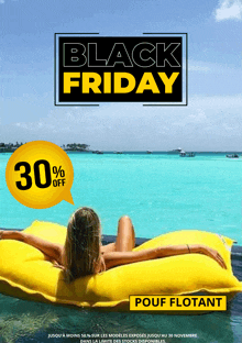 an advertisement for black friday shows a woman laying on a yellow raft