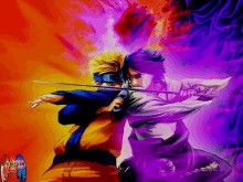 a painting of naruto and sasuke fighting each other with purple smoke behind them