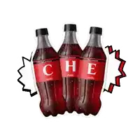 three bottles of coca cola with the letter che on the label