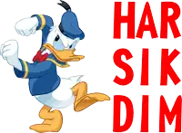 a picture of donald duck with the words " har sik dim " below him