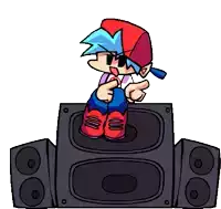 a cartoon character is sitting on top of a speaker and pointing .