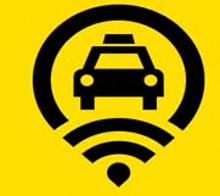 a black and yellow icon of a taxi in a circle with a wifi signal .