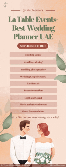 an advertisement for la table events best wedding planner uae shows a bride and groom standing next to each other