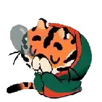 a pixel art drawing of a tiger wearing a green hoodie .