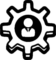 an icon of a gear with a man in a suit in the center