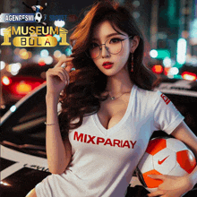 a woman holding a soccer ball wearing a mixpariay shirt