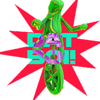 a green lizard is riding a bicycle with the words fat boy written in the background