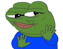 a green frog wearing a blue shirt waves his hand