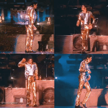 a collage of four pictures of a man in gold pants with the caption thriller glitter