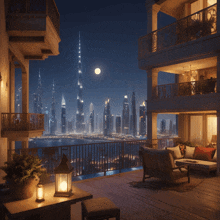 a balcony overlooking a city at night with a full moon