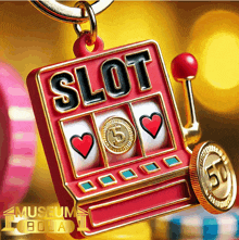 a red slot machine with hearts and a coin on it