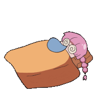 a girl with pink hair is laying on a bed with a blanket