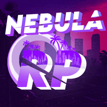 a purple and white logo for nebula rp with a city in the background