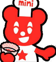 a red teddy bear wearing a mini chef hat is holding a donut