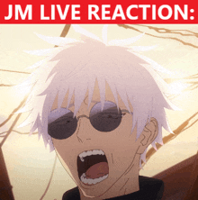 a picture of a man wearing sunglasses with the words " jm live reaction " above him