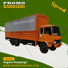 an orange truck with the words promo karoseri written on the top