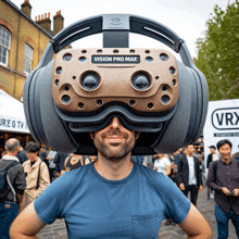 a man wearing a virtual reality headset with vision pro max written on it