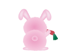 the back of a pink bunny with a scarf around its neck