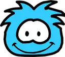 a blue cartoon character with a smiling face and black hair .