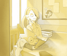 a cartoon drawing of a woman reading a book with a cat behind her