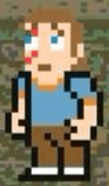 a pixel art of a man with a backpack and a bloody face .