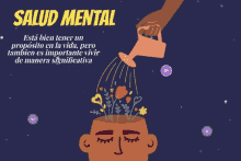 an illustration of a hand watering flowers in a person 's head with the words salud mental below it