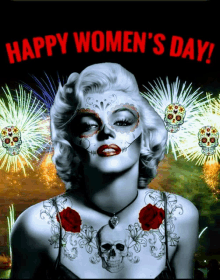 a poster for happy women 's day with marilyn monroe and fireworks