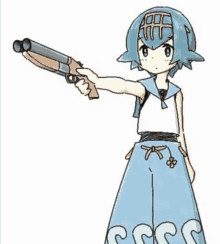 a drawing of a girl holding a gun in her right hand .