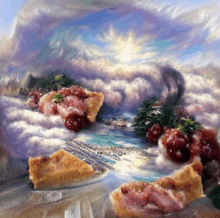 a painting of a pie in the clouds