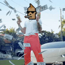 a pixel art of a man smoking a cigarette with money falling around him and showtime written on the bottom