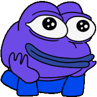 a purple frog with big eyes and a blue mouth is smiling