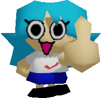 a cartoon character with blue hair and big eyes giving a thumbs up