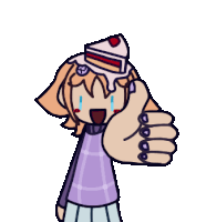 a girl with a slice of cake on her head is giving a thumbs up